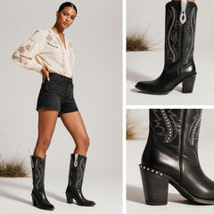 Tuhoomall Retro Studded Mid Calf Boots for Women, Pointed Toe Chunky Heel Slip-On Footwear, Stylish Casual Performance Design