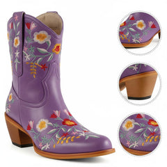 Tuhoomall Stylish Western Ankle Boots with Floral Embroidery, Rubber Sole, Chunky 5cm Heel for Classic and Casual Looks