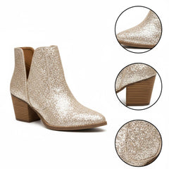 Tuhoomall Glitter Ankle Boots for Women, 3-Inch Chunky Heel, Shiny Pointed Toe, Perfect for Parties and Fashion Events