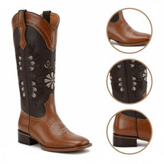 Tuhoomall Western Style Low Heel Ankle Boots with Floral Stitching - Perfect for Casual Office Wear and Everyday Fashion - Durable Rubber Sole and Leather Upper
