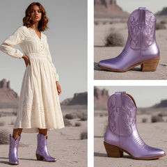 Tuhoomall Western Ankle Boots with Embroidered Pattern, 5cm Chunky Heel, Slip-On Design for Fashion and Travel, Durable Synthetic Fabric Lining