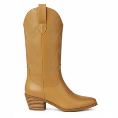 Tuhoomall Western Chunky Heel Women's Cowboy Boots, Comfortable Slip-On, Retro Embroidered Design, Non-Slip Sole for Travel and Casual Wear