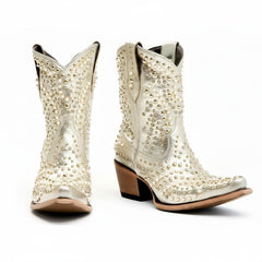 Tuhoomall Chunky Heel Western Short Ankle Boots for Women - Studded Design, Slip-On Comfort, Versatile for Travel and Weddings