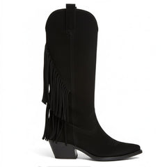 Tuhoomall Western Style Mid-Calf Boots with Tassels, Casual Fashion Footwear, Chunky Heel, Faux Suede, Zipper Closure, All-Season Design
