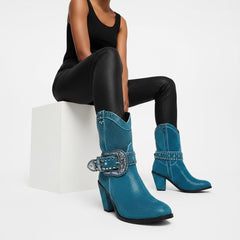 Tuhoomall Chunky Heel Pointed Toe Ankle Booties with Studs and Rhinestones for Fashion, Parties, and Casual Outings