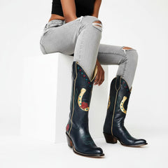 Tuhoomall Western Cowgirl Boots, Mid Calf Chunky Heel Slip-On, Floral Star Pattern, Comfortable Short Boots for Fashion Casual Lifestyle