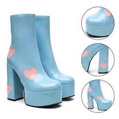 Tuhoomall Chunky Heeled Ankle Boots for Women, Heart Pattern, Zipper Closure, All-Season Fashion, Perfect for Parties and Travel