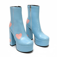 Tuhoomall Chunky Heeled Ankle Boots for Women, Heart Pattern, Zipper Closure, All-Season Fashion, Perfect for Parties and Travel