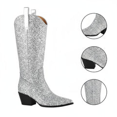 Tuhoomall Western Block Heel Ankle Boots with Glitter Detail, 2.50 in Heel Height, Stylish for Parties and Performances, Faux Leather Lining