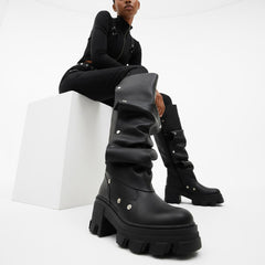 Tuhoomall Gothic Knee-High Boots for Women, Comfortable Chunky Heel, Stylish Slip-On Design for Casual Street Outings