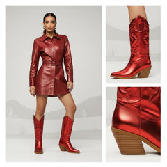 Tuhoomall Comfortable Western Boots for Women – 6cm Low Chunky Heel, Slip-On Design with Floral Embroidery - Fashionable All-Season Style