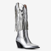 Tuhoomall Western Fringe Pointed Toe Calf Boots with Rubber Sole, Trendy Star Pattern, Perfect for Parties and Travel