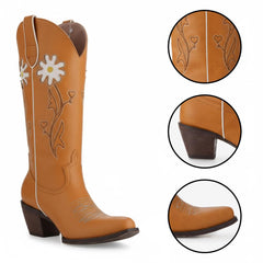 Tuhoomall Western Floral Embroidered Slip-On Mid-Calf Boots - 6 cm Chunky Heel for All-Season Comfort and Style Tuhoomall