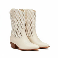 Tuhoomall Cowboy Style Chunky Heel Ankle Boots for Women, Pointed Toe, Zipper Closure, Stylish Crochet Detailing, Perfect for Work and Casual Outings