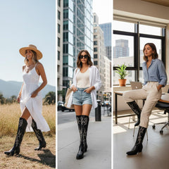 Tuhoomall Western Over-the-Knee Boots for Women, Chunky Heel, Snip-Toe, Embroidered, Slip-On, Distressed Style for Parties and Casual Outings