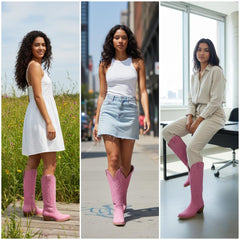 Tuhoomall Western Mid-Calf Boots for Women with Chunky Heel, Zipper Closure, Embroidered Faux Suede and Rivets, Casual Fashion for All Seasons