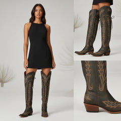 Tuhoomall Western Knee High Boots for Women, Floral Embroidery, Rubber Sole, Adjustable Buckle, Chunky Heel, All-Season Casual Wear