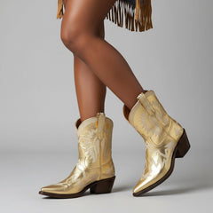 Tuhoomall Metallic Western Ankle Boots for Women - Stylish Slip-On Design with Embroidered Floral Pattern, Casual All-Season Footwear