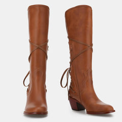 Tuhoomall Western Knee-High Boots, Retro Chic Style, Comfortable Chunky Heel, Lace-Up Closure for Casual Travel Tuhoomall