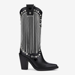 Tuhoomall Chunky Heel Western Rhinestone Booties with Fringes for Fashion Events, Pointed Toe, Slip-On Style, All-Day Comfort, Eye-Catching Design