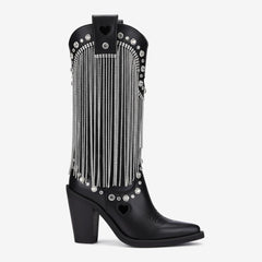 Tuhoomall Chunky Heel Western Rhinestone Booties with Fringes for Fashion Events, Pointed Toe, Slip-On Style, All-Day Comfort, Eye-Catching Design Tuhoomall