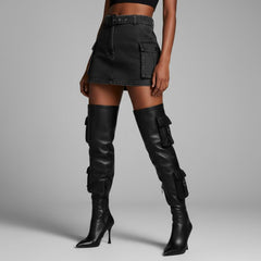 Tuhoomall Over-The-Knee Fashion Boots for Women, High Heels 9.5cm, Zipper Closure, Solid Color with Pocket and Metal Buckle, Perfect for Parties and Performances