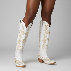 Tuhoomall Western Embroidered Knee-High Boots for Women, Floral Chunky Heel, Slip-On Design for Weddings and Casual Outings