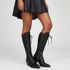 Tuhoomall Knee-High Boots With Lace-Up Design, Pointed Toe, Rubber Sole, Vintage Style, Embroidered Mesh, Casual All-Season Footwear