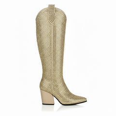 Tuhoomall Rhinestone Western Mid-Calf Boots for Women, Stylish 3.15 in Chunky Heel, Vegan Suede, Perfect for Parties and Performances Tuhoomall