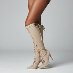 Tuhoomall Knee-High Boots For Bridal Occasion, Pointed-Toe Stiletto Heel, Lace-Up Design, Solid Color, 4" Heel Height, All-Season Wear