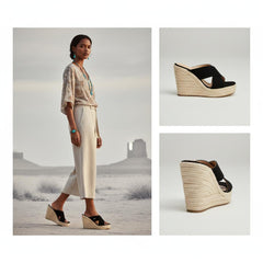 Tuhoomall Waterproof Wedge Sandals for Women, Ethnic Style, Slip-On, Casual Fashion, Rubber Sole, Suede-Like Upper, Perfect for Stylish Outings