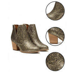 Tuhoomall Glitter Ankle Boots for Women, 3-Inch Chunky Heel, Shiny Pointed Toe, Perfect for Parties and Fashion Events