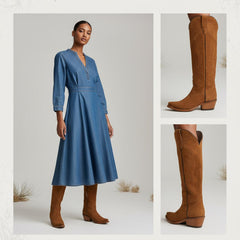 Tuhoomall Faux Suede Knee High Western Boots with Embroidered Eagles for Fashion, Travel, and Parties, 2.36 in Chunky Heel