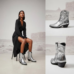 Tuhoomall Western Ankle Booties with Snip-Toe and Chunky Heel for Fashion Casual Parties, Embroidery Design with Metallic Inlay, Slip-On Style