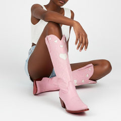 Tuhoomall Western Knee High Boots With Rubber Sole, 5cm Chunky Heel, Embroidered Sweet Pink Hearts For Casual Fashion All Year Round