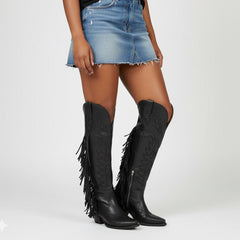 Tuhoomall Western Knee-High Boots with 2-Inch Chunky Heel, Embroidered Vegan Leather, Fringe Detail for Travel and Casual Style