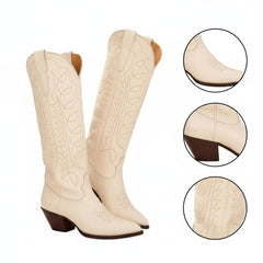 Tuhoomall Western Boots for Women with Embroidery, Chunky Heel 2.00 in, Mid-Calf Length, Vegan Leather, Casual Fashion Footwear, All Seasons