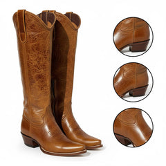 Tuhoomall Western Knee-High Boots for Women, Chunky Heel, Slip-On, Solid Color, Perfect for Parties and Outdoor Events