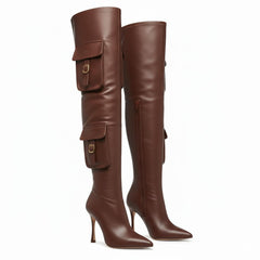 Tuhoomall Over-The-Knee Fashion Boots for Women, High Heels 9.5cm, Zipper Closure, Solid Color with Pocket and Metal Buckle, Perfect for Parties and Performances