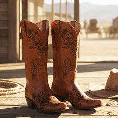 Tuhoomall Floral Studded Slip-On Cowboy Boots with Chunky Heel - Rubber Sole, All-Season Versatile Design for Casual and Formal Wear Tuhoomall