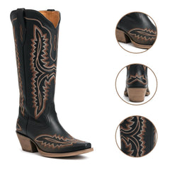 Tuhoomall Stylish Western Mid-Calf Boots for Women - Embroidered Vegan Leather, 2.76in Low Chunky Heel, Perfect for Year-Round Casual Wear