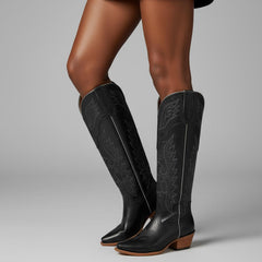 Tuhoomall Faux Suede Knee High Western Boots with Embroidered Eagles for Fashion, Travel, and Parties, 2.36 in Chunky Heel