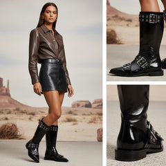 Tuhoomall Comfortable Mid-Calf Boots For Parties & Daily Wear With Adjustable Buckles, Zipper And Metal Accents - Casual All-Season Fashion Footwear