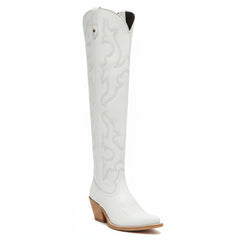 Tuhoomall Western Knee-High Boots with Elegant Embroidery, Stylish Mid Heel for Casual and Office Wear, Durable Faux Suede Leather, All-Season Fashion