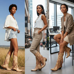 Tuhoomall Western Cowgirl Mid Calf Boots - Snip-Toe, Chunky Heel, Embroidered Fringe Design for Outdoor Style