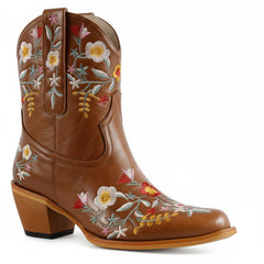 Tuhoomall Stylish Western Ankle Boots with Floral Embroidery, Rubber Sole, Chunky 5cm Heel for Classic and Casual Looks