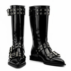 Tuhoomall Comfortable Mid-Calf Boots For Parties & Daily Wear With Adjustable Buckles, Zipper And Metal Accents - Casual All-Season Fashion Footwear Tuhoomall