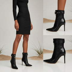 Tuhoomall Western Ankle Boots For Women, Stylish Pointed Toe, 9.5cm High Heel, Zipper Closure, Casual And Office Wear, Adjustable Buckle, All-Season Wedding