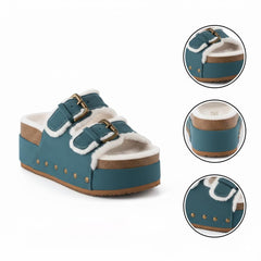 Tuhoomall Blue Faux Suede Fur-Lined Studs Double Buckle Strap Round Platform Cork Sandals Slippers