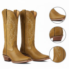 Tuhoomall Western Cowgirl Boots Mid Calf Chunky Heel Slip-On Embroidered Fashion Boots for Travel Outdoor Classic Style